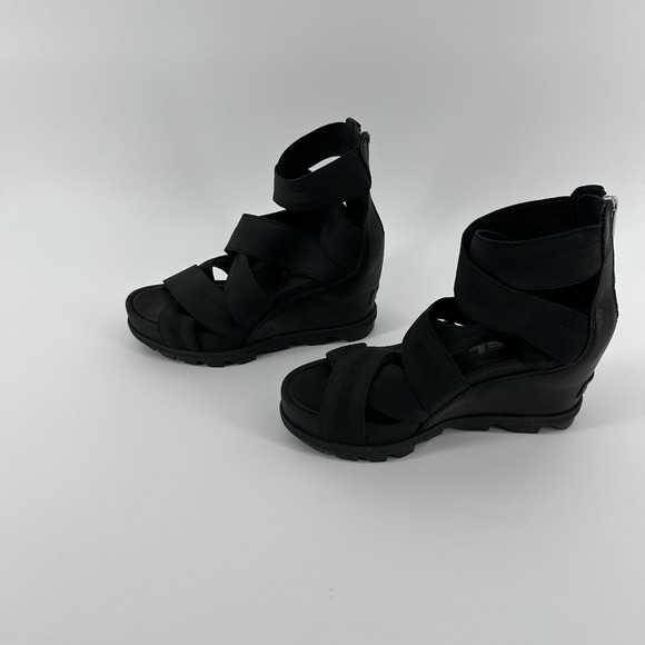 Sorel Women's Joanie Black Wedge Sandals Elastic Straps Zip Back Ankle Detail‎ - Picture 5 of 5